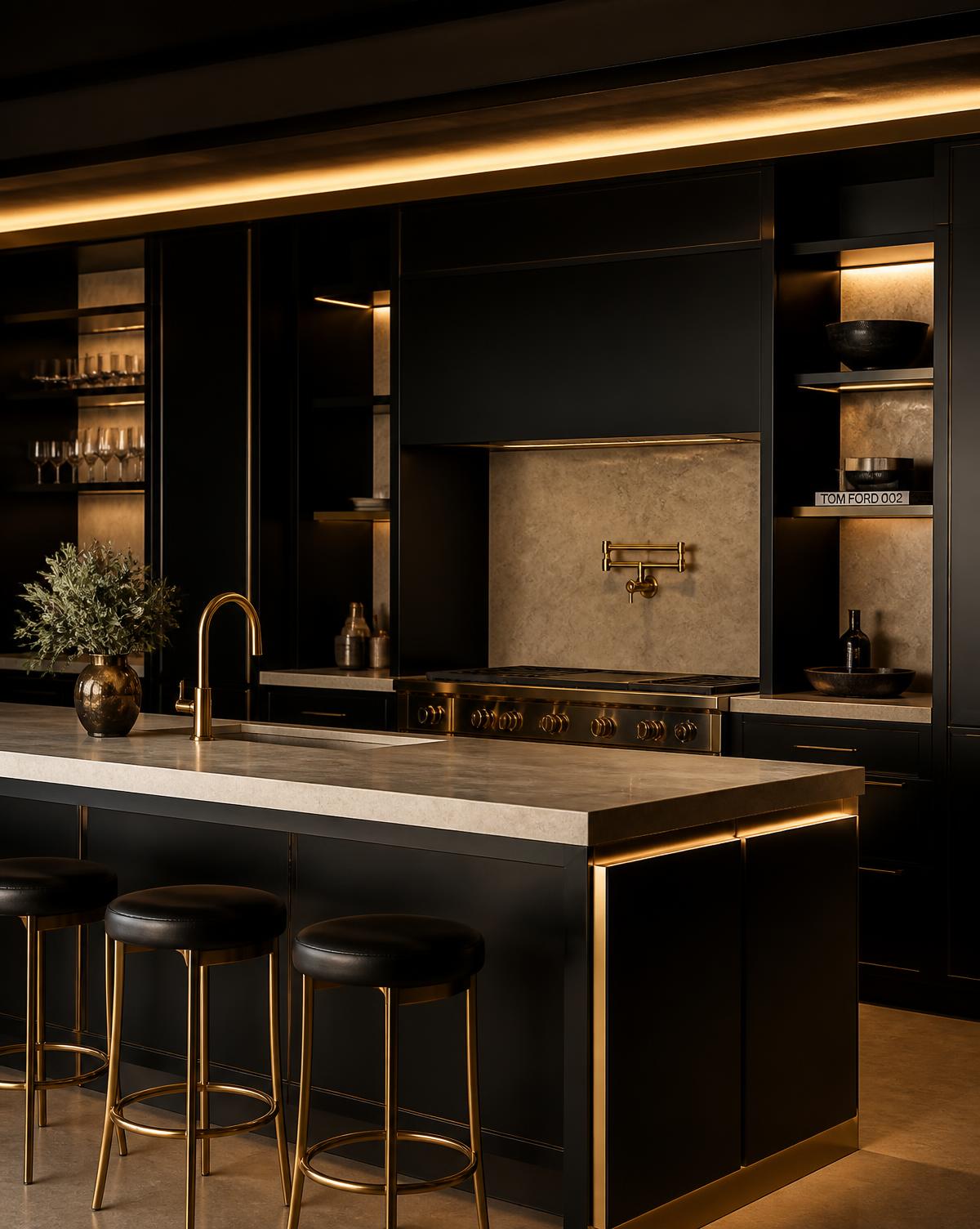 Cozinha moderna preta com detalhes dourados